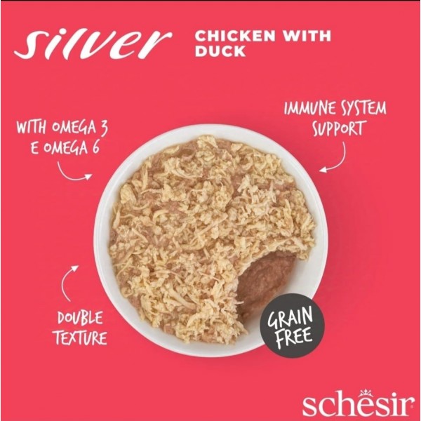 Schesir Silver Mousse & Fillets Senior Cat Wholefood - Chicken With Duck (70g X 12) 1BOX