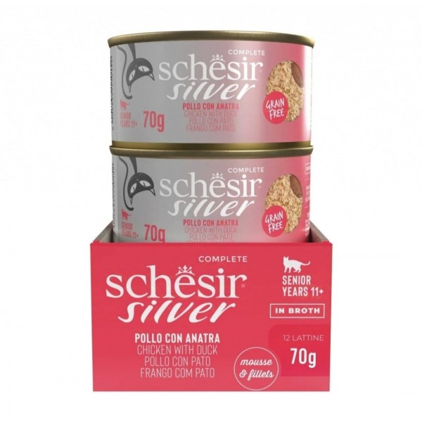 Schesir Silver Mousse & Fillets Senior Cat Wholefood - Chicken With Duck (70g X 12) 1BOX