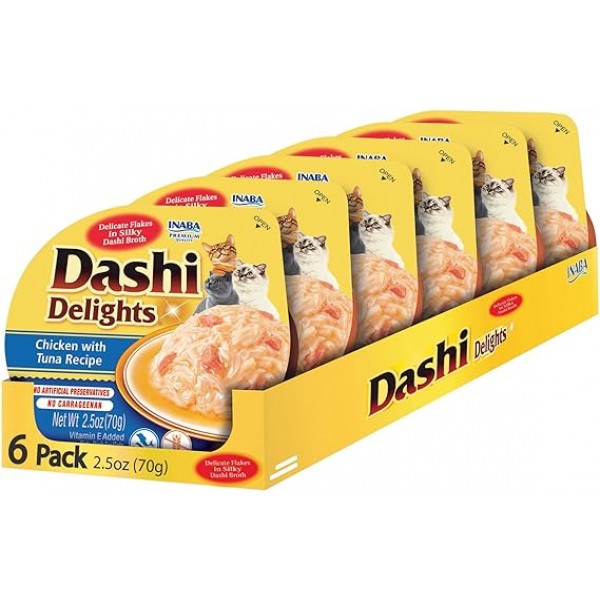 INABA Dashi Delights for Cats, Shredded Chicken with Bonito Flake Broth, 2.5 Ounce Cup, 6 Cups Total, Chicken with Tuna Recipe 6 PCS X 1 BOX