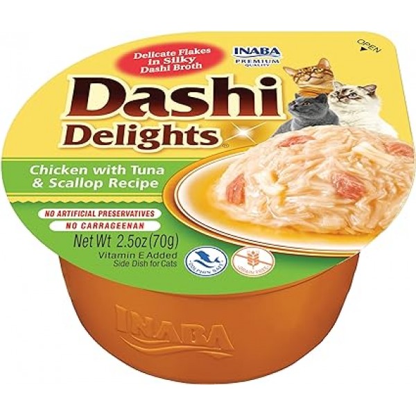 INABA Dashi Delights for Cats, Shredded Chicken with Bonito Flake Broth, 2.5 Ounce Cup, 6 Cups Total, Chicken with Tuna & Scallop Recipe 6 PCS 1 BOX