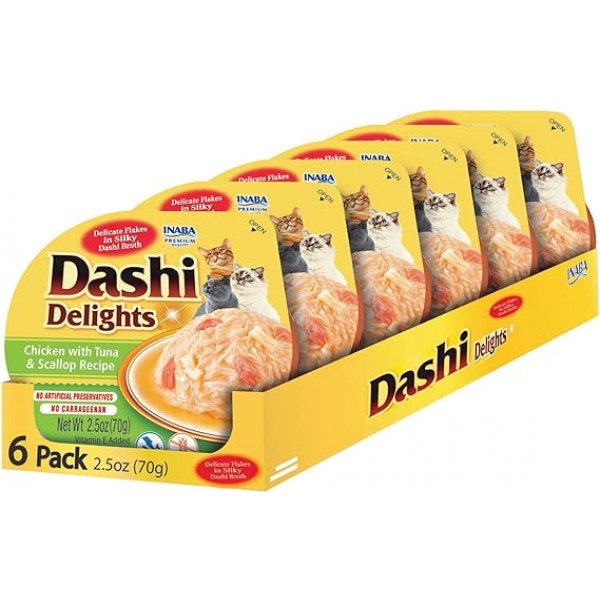 INABA Dashi Delights for Cats, Shredded Chicken with Bonito Flake Broth, 2.5 Ounce Cup, 6 Cups Total, Chicken with Tuna & Scallop Recipe 6 PCS 1 BOX