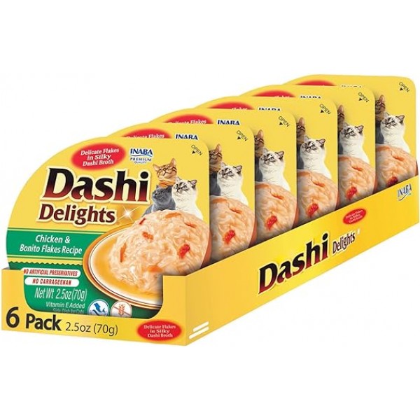 INABA Dashi Delights for Cats, Shredded Chicken with Bonito Flake Broth, 2.5 Ounce Cup, 6 Cups Total, Chicken & Bonito Flakes Recipe 6PCS 1 BOX