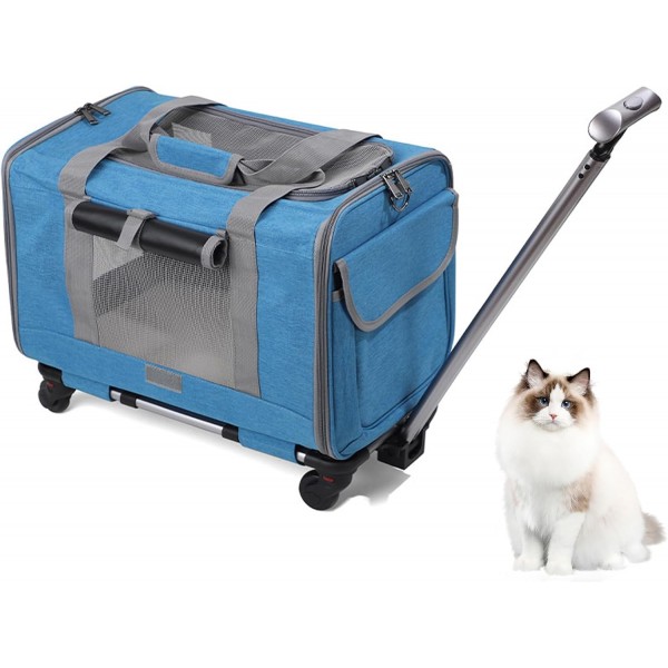 Pet Travel Bag With Portable Trolley And Detachable Universal Wheels ( Blue Color )