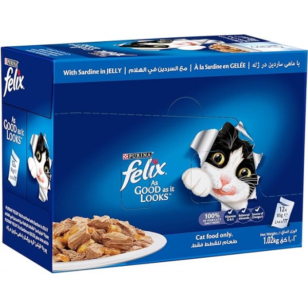 Purena Felix As Good As it Looks Adult Cat with Sardines in Jelly, 85g, 12 Pack