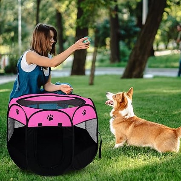 Soft Fabric Portable Foldable Pet Dog Cat Puppy Playpen, Indoor/Outdoor use Pet Kennel Cage D31.5 x H23 inch PINK