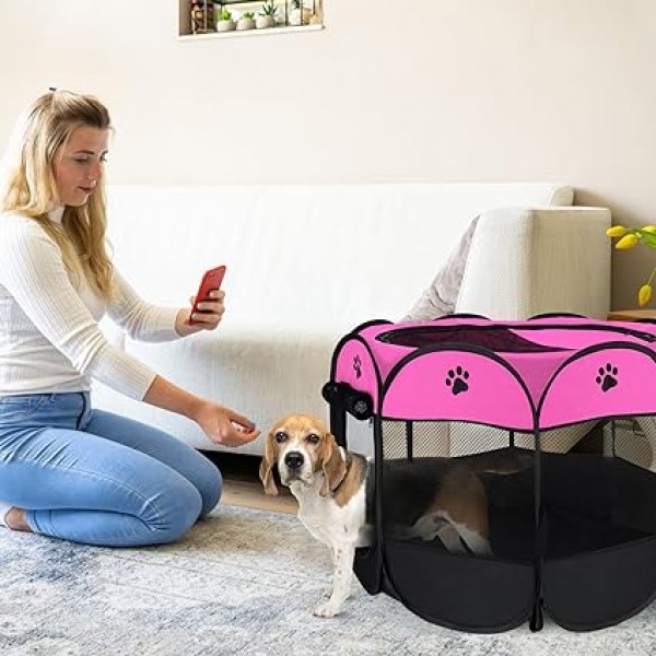 Soft Fabric Portable Foldable Pet Dog Cat Puppy Playpen, Indoor/Outdoor use Pet Kennel Cage D31.5 x H23 inch PINK