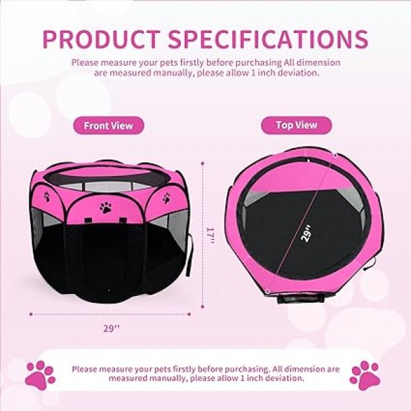 Soft Fabric Portable Foldable Pet Dog Cat Puppy Playpen, Indoor/Outdoor use Pet Kennel Cage D31.5 x H23 inch PINK