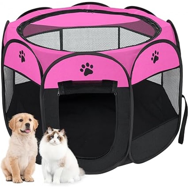 Soft Fabric Portable Foldable Pet Dog Cat Puppy Playpen, Indoor/Outdoor use Pet Kennel Cage D31.5 x H23 inch PINK